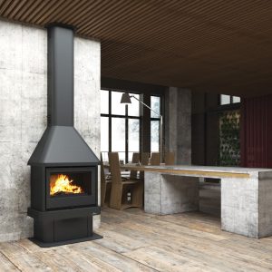 Cheminée à bois ventilée BRONPI Lisboa 12 kW – allure de foyer, raccordable, bûches 55 cm