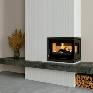Insert à bois d'angle FIREMATIC Lora-D 12,6 kW – vision 2 faces côté droit, ventilation FUNKY