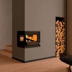Insert à bois d'angle ventilé FIREMATIC Lora-I 12,6 kW – vision 2 faces, 2 sorties canalisables