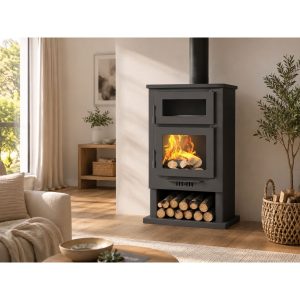 Poêle à bois avec four FIREMATIC Nevada 11,2 kW – sortie arrière, range-bûches, 305 m³