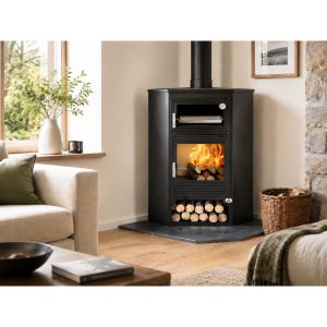 Poêle à bois d'angle avec four FIREMATIC Buffalo 11,3 kW – four brique réfractaire, plat inox inclus