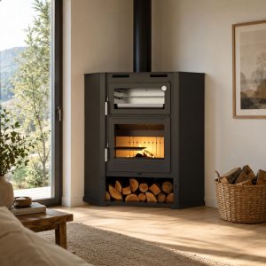 Poêle à bois d'angle ventilé avec four FIREMATIC Flint 9,5 kW – triple combustion, bûches 65 cm