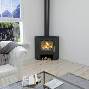 Poêle à bois d'angle BRONPI Lerma 9 kW – gain de place, bûches 43 cm, Flamme Verte 7*