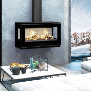 Poêle à bois 3 faces vitrées BRONPI Cairo 903C Box 13 kW – range-bûches, bûches 75 cm