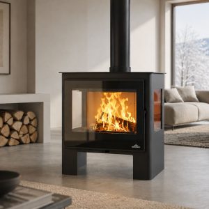 Poêle à bois 3 vitres BRONPI Loreto 10 kW – vision panoramique, bûches 56 cm, Flamme Verte 7*