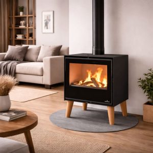 Poêle à bois sur pieds BRONPI Arus 9,5 kW – design surélevé, bûches 47 cm, Flamme Verte 7*