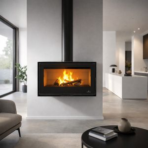 Poêle à bois suspendu ventilé BRONPI Bimba 70 12 kW – pièce maîtresse, bûches 65 cm
