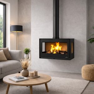 Poêle à bois suspendu 3 vitres ventilé BRONPI Bimba 70 3C 10 kW – vision panoramique, bûches 65 cm