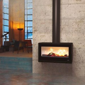 Poêle à bois suspendu BRONPI Cairo 90 Box 13 kW – design aérien, bûches 70 cm, Flamme Verte 7*