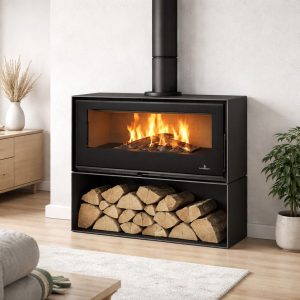 Poêle à bois ventilé avec range-bûches BRONPI Bimba 90 15 kW – très grandes bûches 80 cm