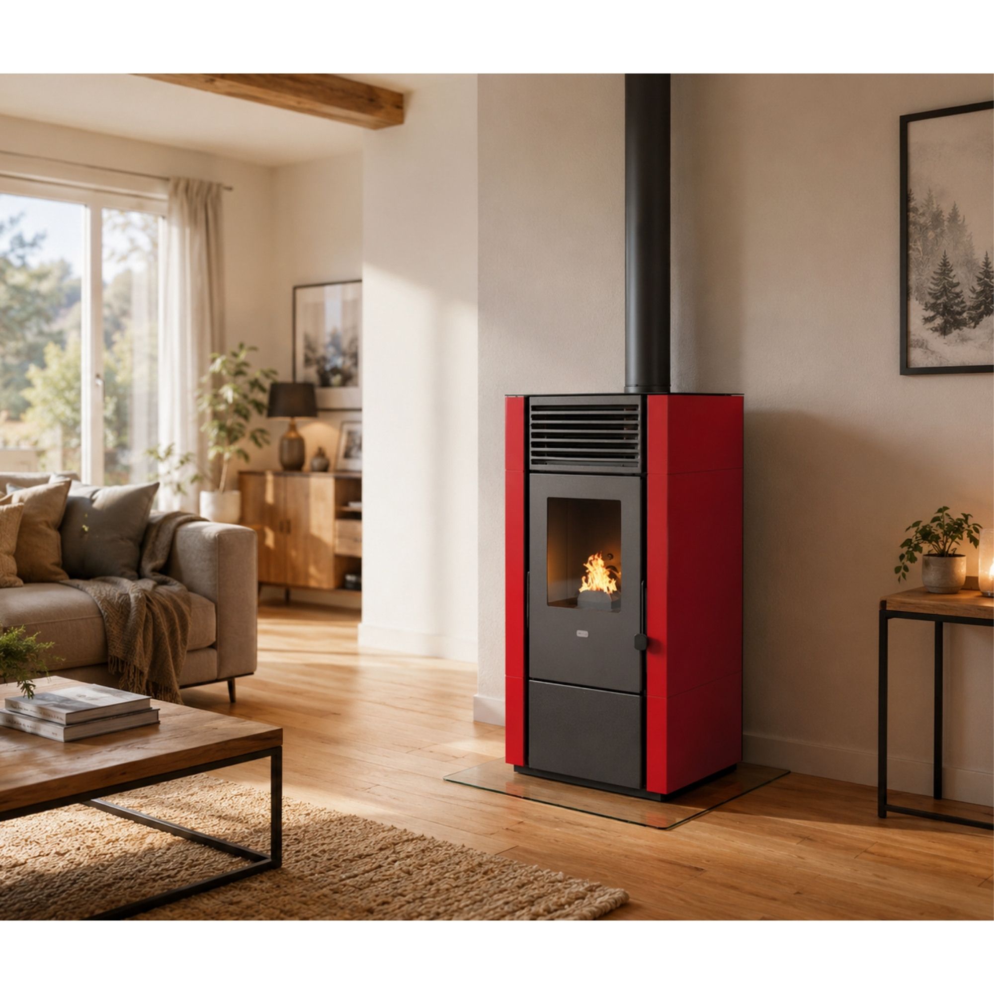 Poêle à granulés léger PUNTO FUOCO Poly 8 kW – 58 kg, 140 à 200 m³, télécommande incluse